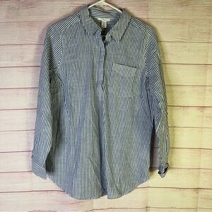 Daily Ritual 100% Cotton 3/4” Striped‎ Button Long Sleeve Pullover Top Size Med